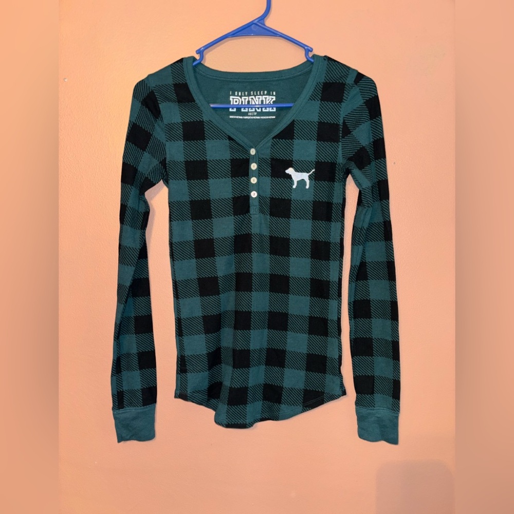 Victoria's Secret PINK Cozy Waffle I Only Sleep Buffalo Plaid Shirt Top XS GREEN